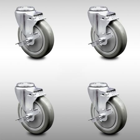 Service Caster 5 Inch SS Gray Polyurethane Wheel Swivel Bolt Hole Caster Set with Brake SCC SCC-SSBH20S514-PPUB-TLB-4